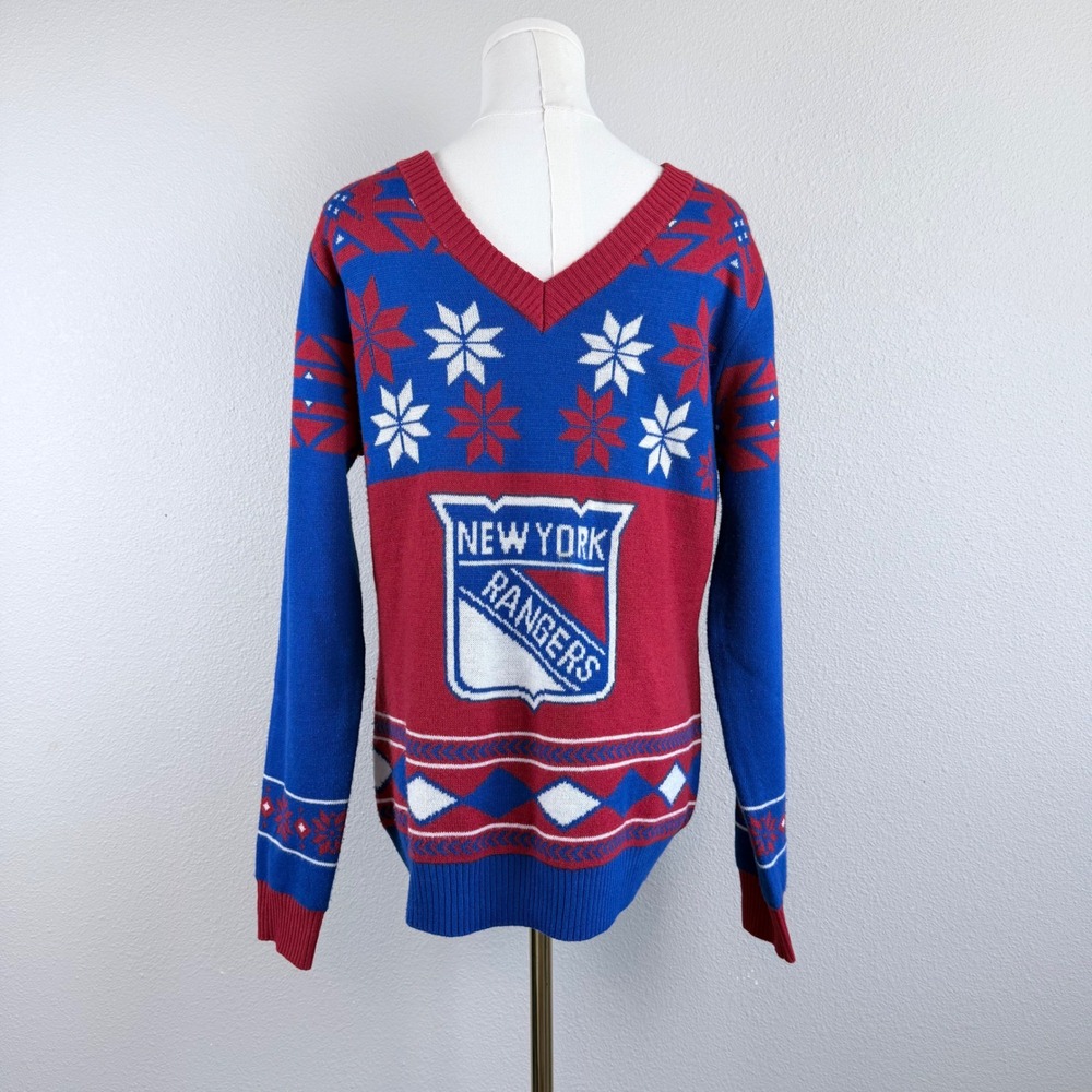 New York Rangers Holiday Ugly Sweater Womens XL Blue Red V-Neck Fair Isle Knit